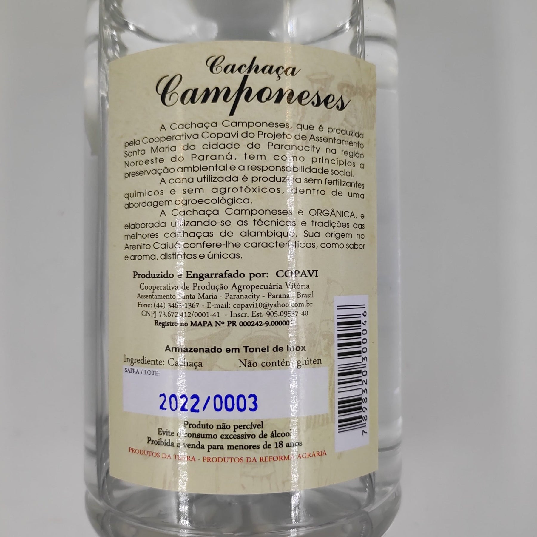 CACHAÇA ORGÂNICA CAMPONESES -  PRATA  1 LITRO (garrafa pet)